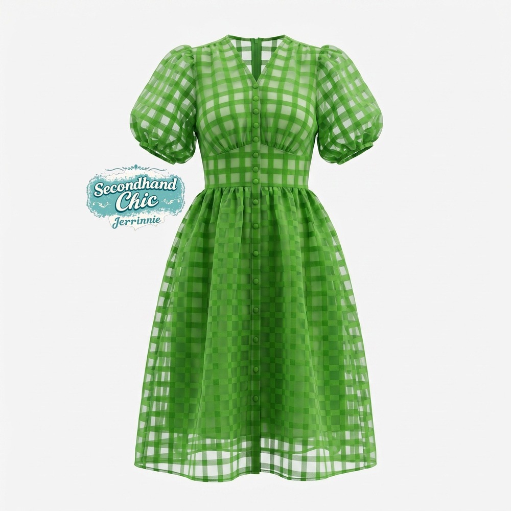 Green Sheer Plaid Puff Sleeve Midi Dress – Size Medium